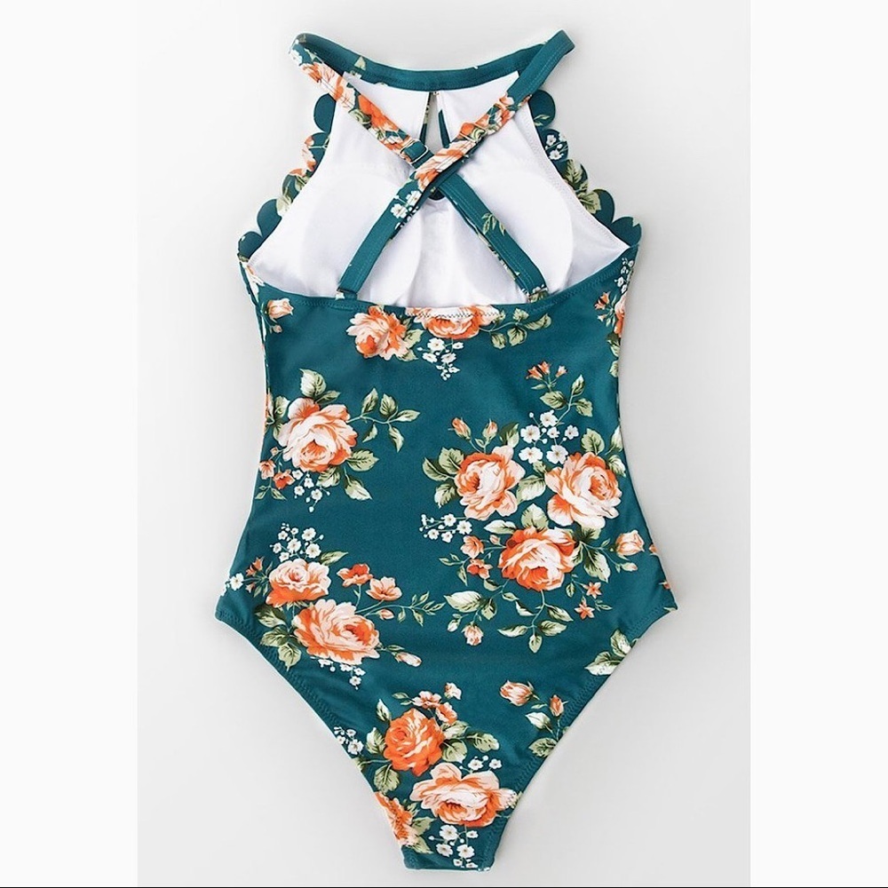 NEW Cupshe Teal Floral Scalloped One Piece Swimsuit Size XL - Picture 6 of 7